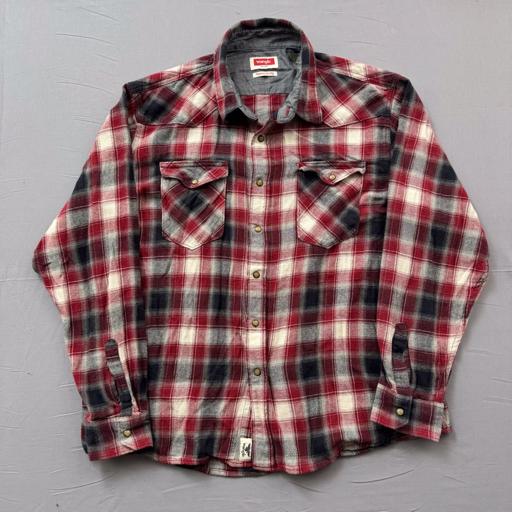 Wrangler Mens XL Red Plaid Flannel Shirt Long Sleeve Western Snap Button Down